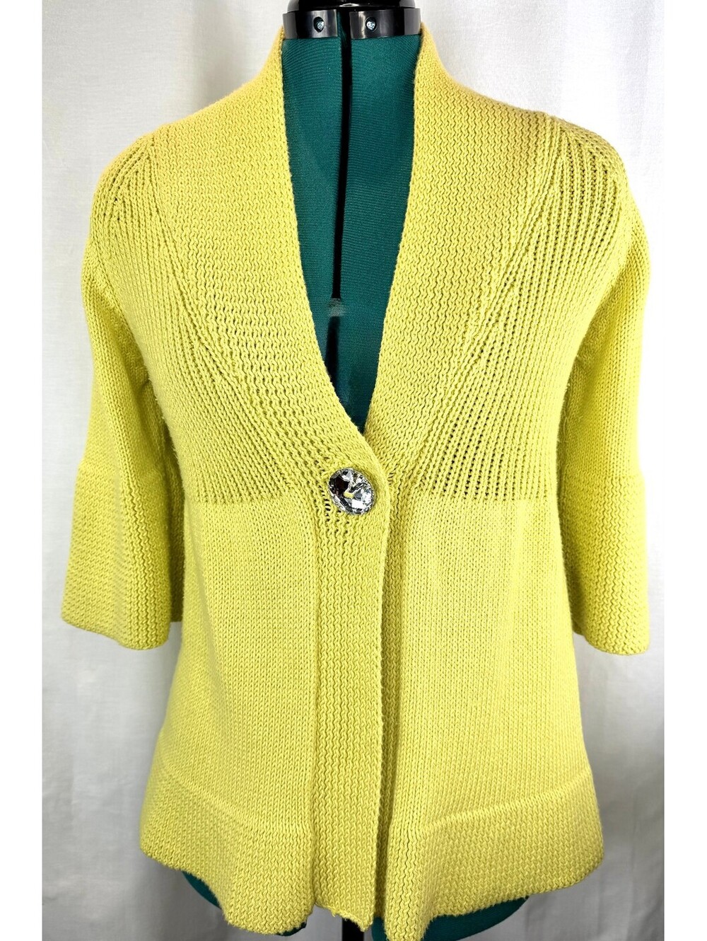 Pure Handknit S/M Chartreuse 100% Cotton Cardigan Crystal Button 3/4 Sleeve Boho